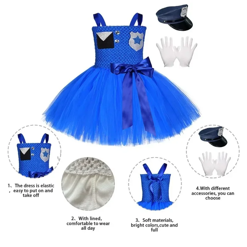 In Bulk Role Play Children Police Dress Up Halloween Smocked Tulle Police Dresses for Girls Uniform Fancy Outfits Ball Gown