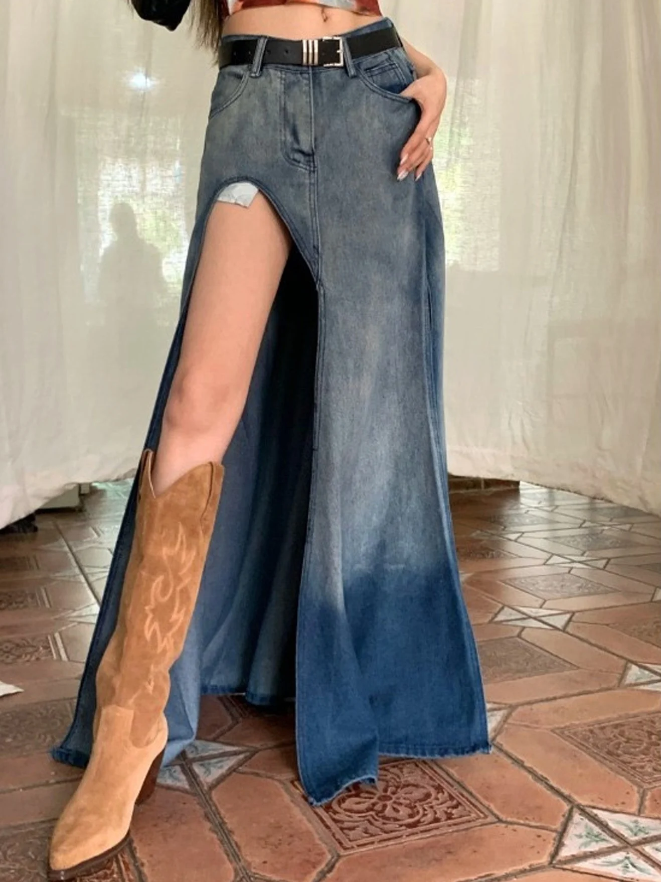 High Waist A-Line Midi Skirt for Women Spring Autumn Denim Asymmetrical Hem European Style Casual Skirts