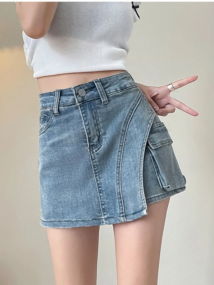 카우보이 하프 바디 스커트 팬츠 여성 패션 페이크 투피스 하이웨이스트 A라인 와이드 레그 여름 얇은 스트레치 반바지