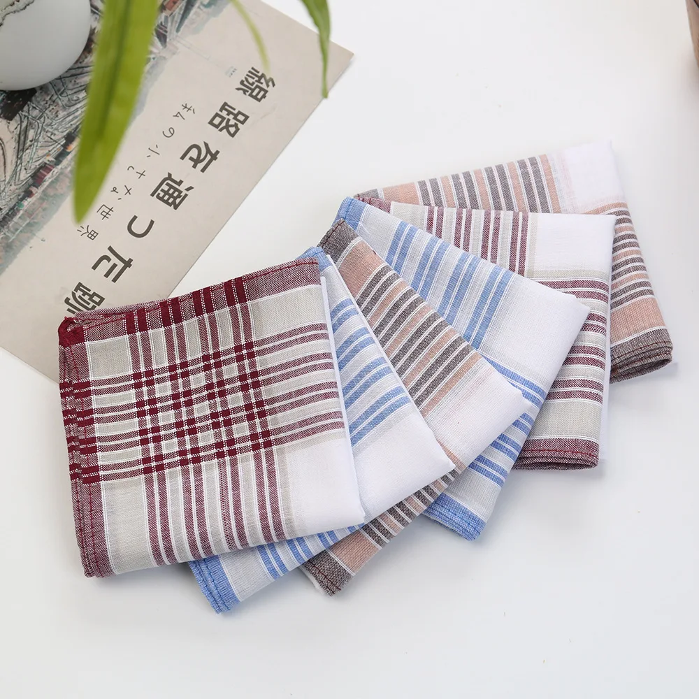Soft Thin Retro Checkered Cotton Hankies for Middle-aged & Elder Men, Vintage Plaid Sweat Absorbent Pocket Handkerchief