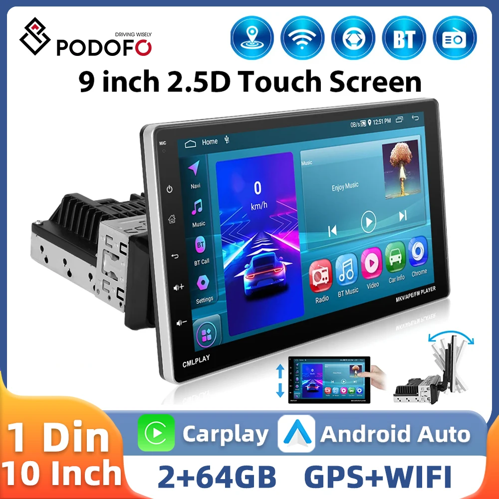 Podofo 1Din Android Car Radio 2+64G 9'' Multimedia Player Carplay Android Auto WIFI Bluetooth GPS Navigation FM/RDS Car Stereo