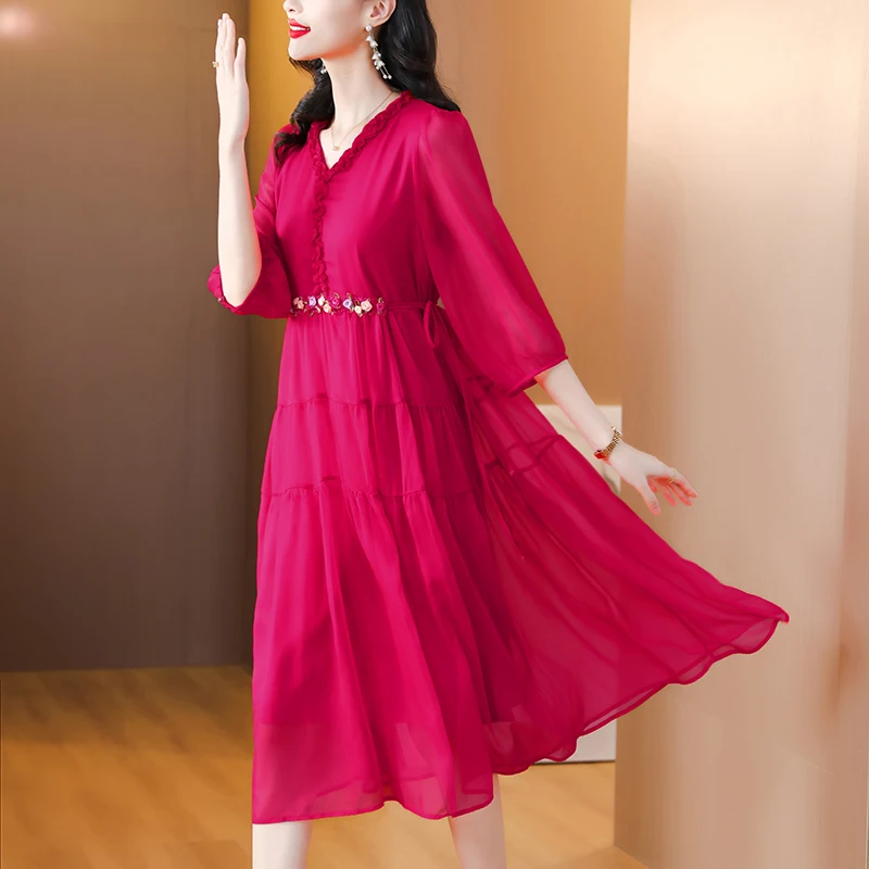 여성용 보호 레드 쉬폰 시크 아플리케 미디 원피스, 우아한 바디콘 프릴 브이넥 원피스 2025, 한국 패션 캐주얼 원피스, 여름