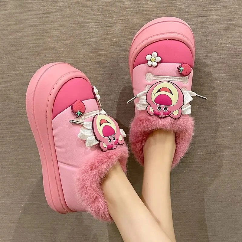 

Pink Girly Heart Cute Bear Plush Slippers Women, Winter Outdoor Fleece Warm Waterproof Anti-Slip Closed Back