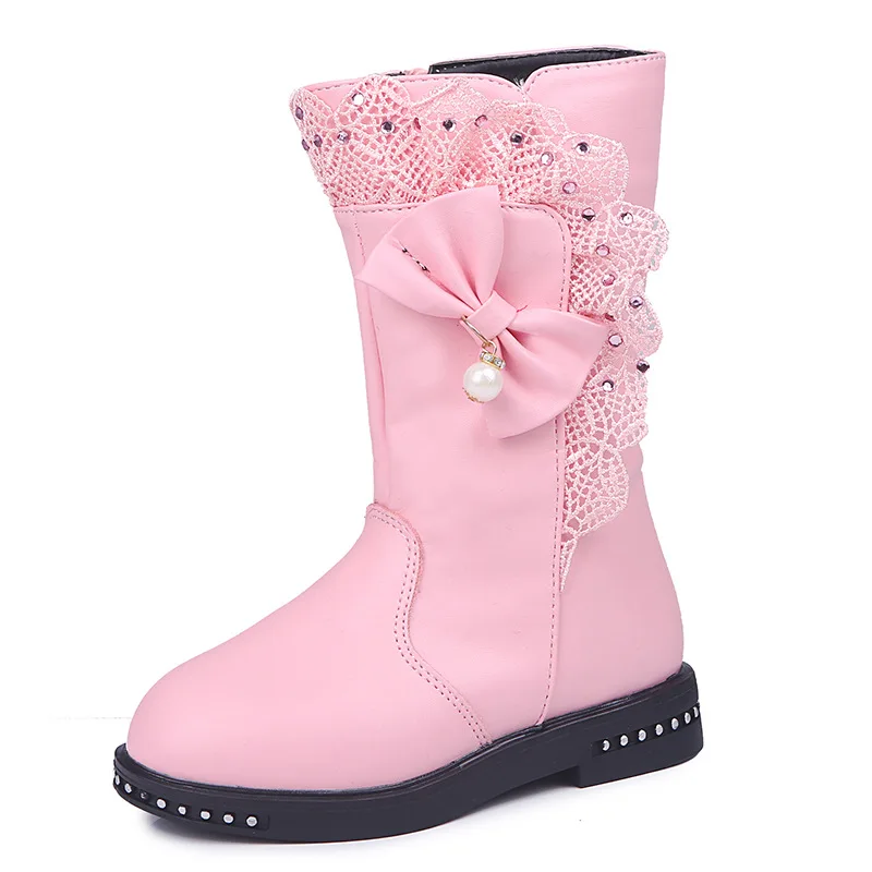 Children\'s Snow Boots New Winter Girls Mid-calf Lace Bow Zip with Plush Warm Waterproof Leather Boots Kids Princess Tall Boots