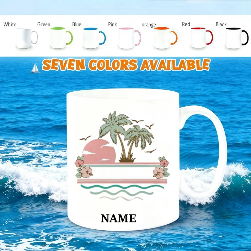 Customizable Name Vintage Island Beach Pattern Mug - Dishwasher Safe, Perfect for Birthdays and Holiday Gifts