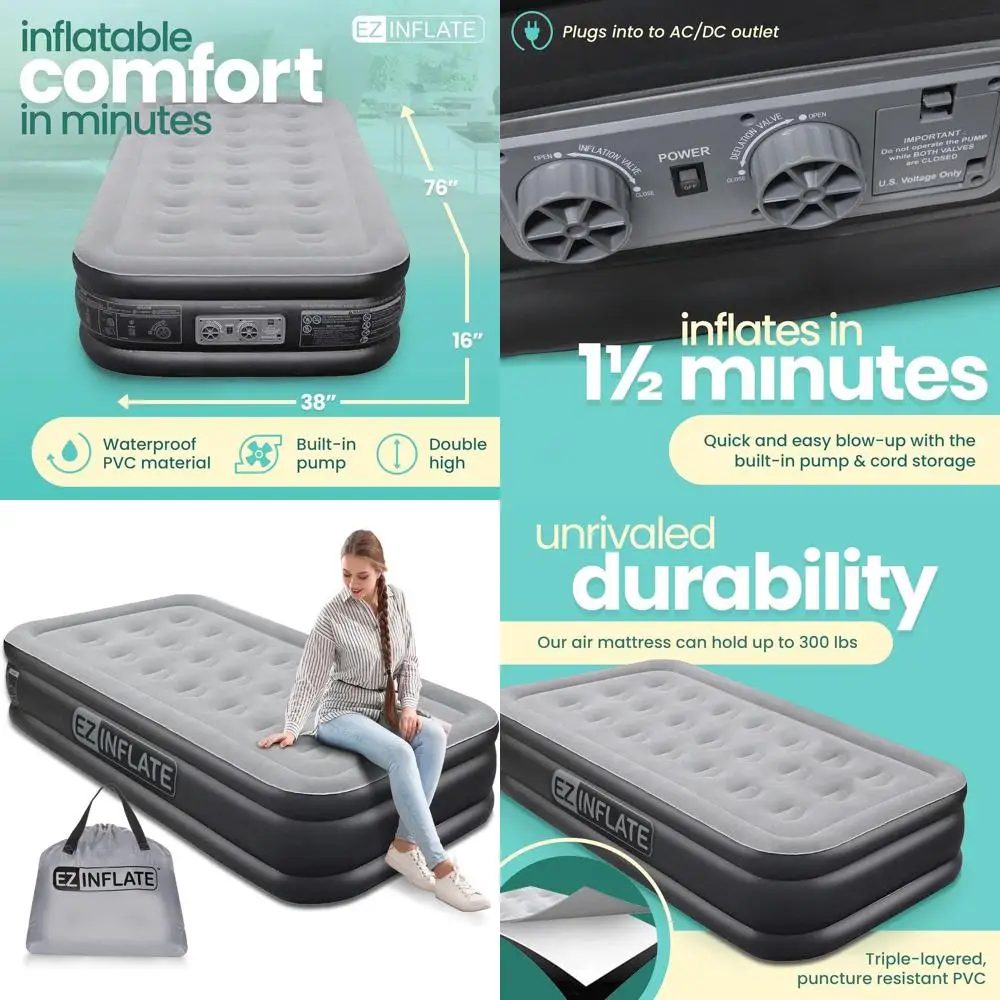 

Portable Twin Size Double-High Inflatable Mattress with Built-in Pump, Flocked Top, Waterproof for Camping & Travel