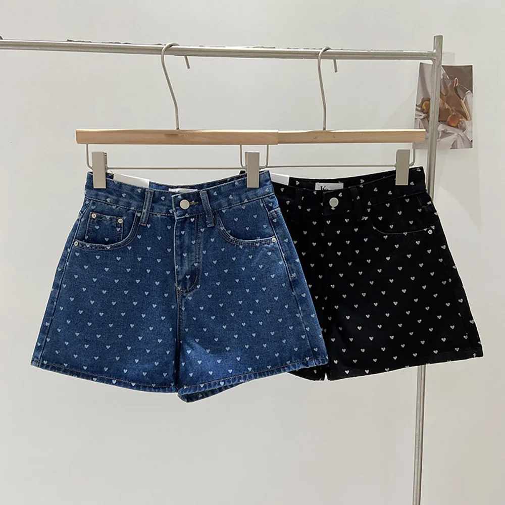 

Summer Women Shorts Heart Polka Dots Print A-line Denim Shorts Female Streetwear Korean Style Casual High Waist Hot Pants