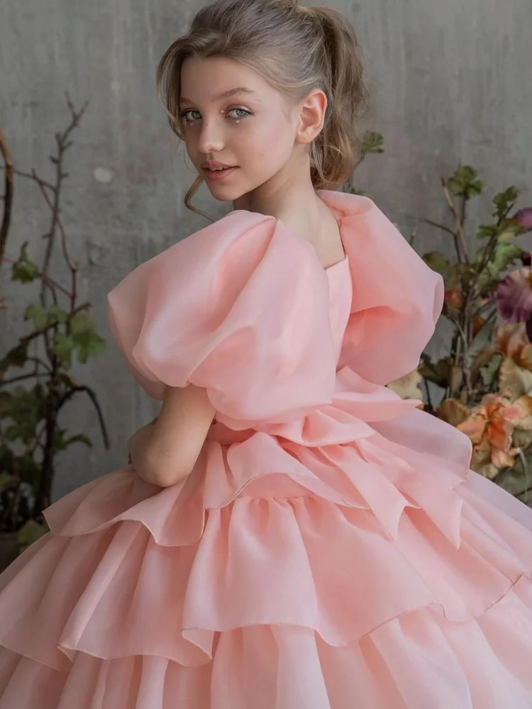 Pink Flower Girl Dresses Tulle Satin Tiered With Bow Short Sleeve Fit Wedding Party Birthday Banquet Princess Gowns