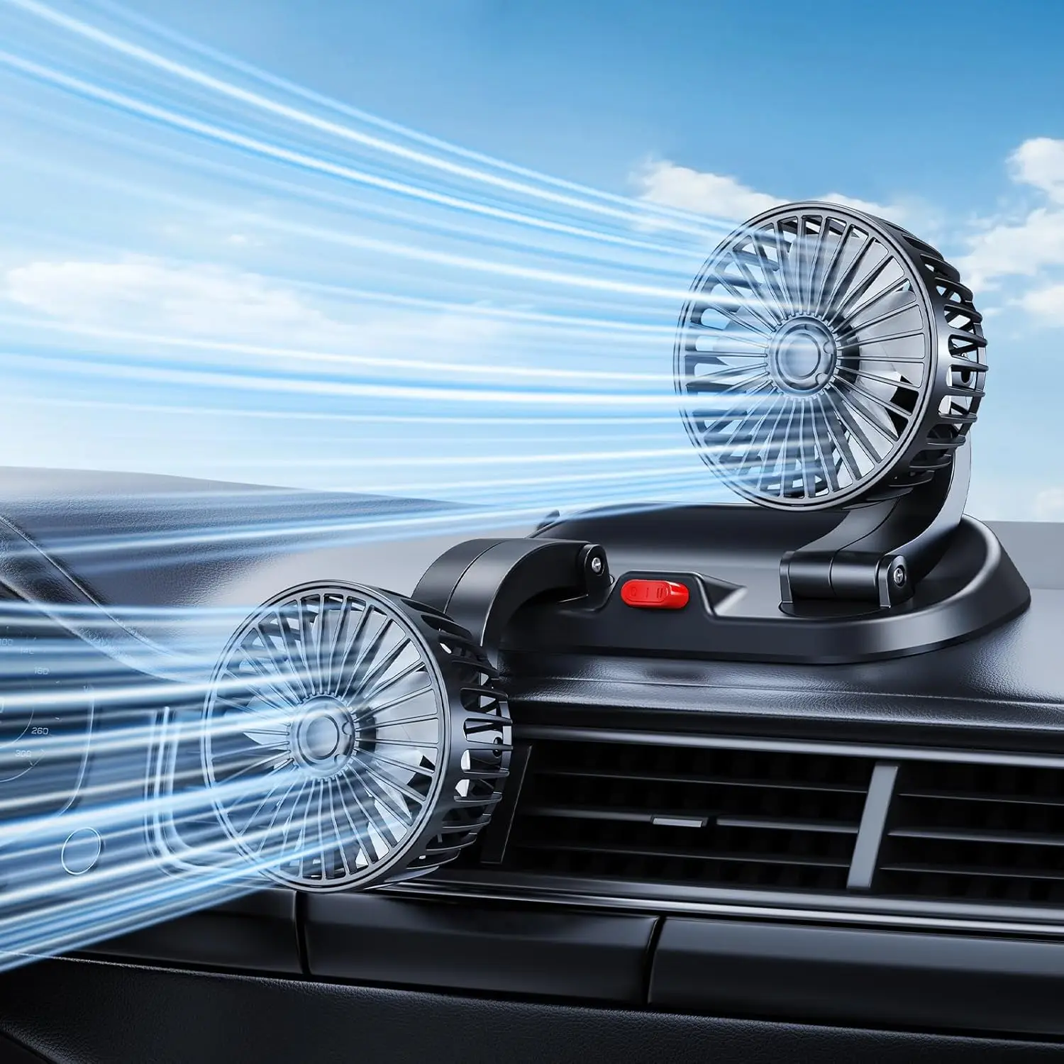 USB Fan For Car, Dual-Head Front Seat Cooling Fan, Powerful Airflow, 360° Rotation, 5V/12V/24V Cigarette Lighter Plug, Fits RV,