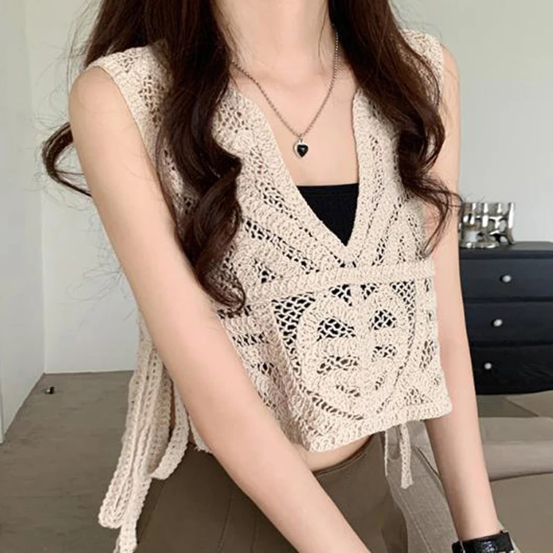 Women Hollow Out Knitted Tank Top Summer Solid Color Lace-up Sleeveless Loose Camisole