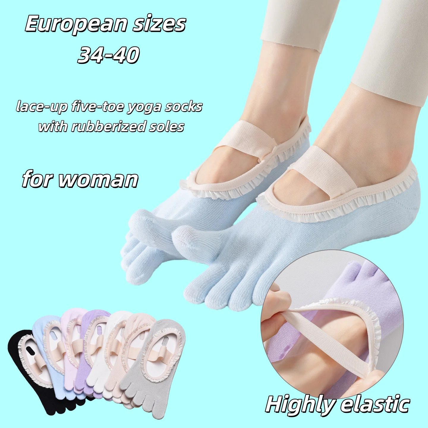 

European sizes 34-40, 1 Pair of Colorful Girly Lace-up Toe-Separating Yoga Socks with Rubberized Soles for Women