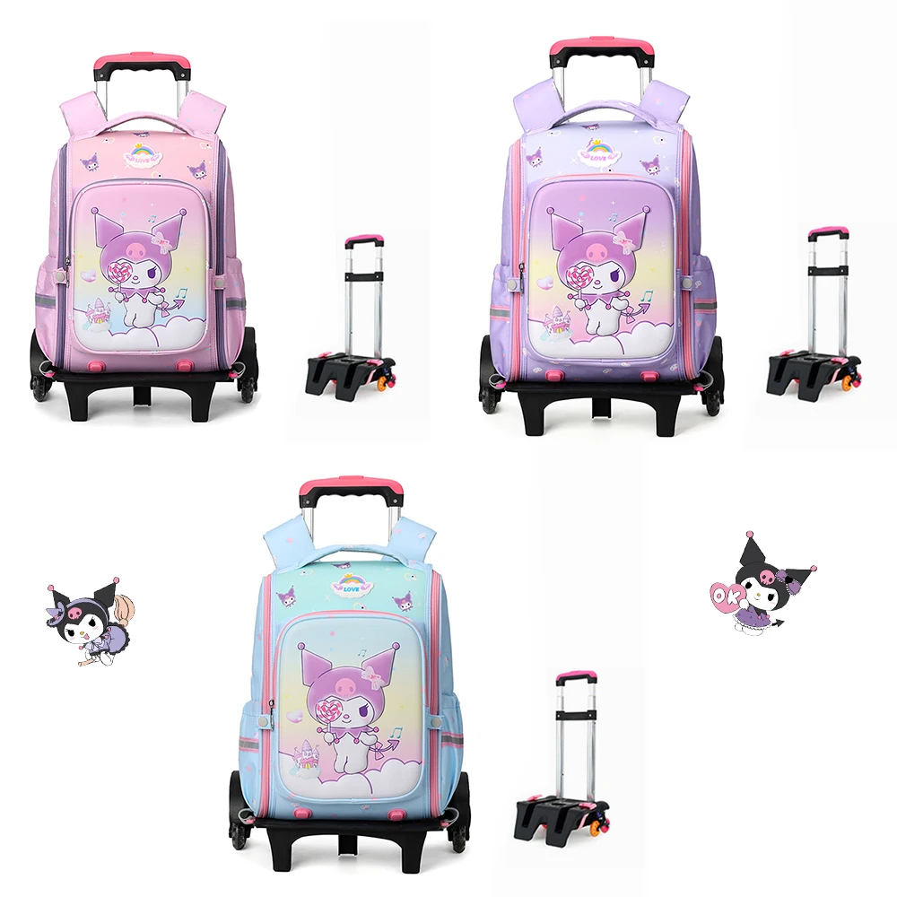 

Cartoon Kuromi Student Trolley Schoolbag High-Capacity Rolling Wheels Waterproof Sanrio Kawaii Fashion Climb Stairs Backpack