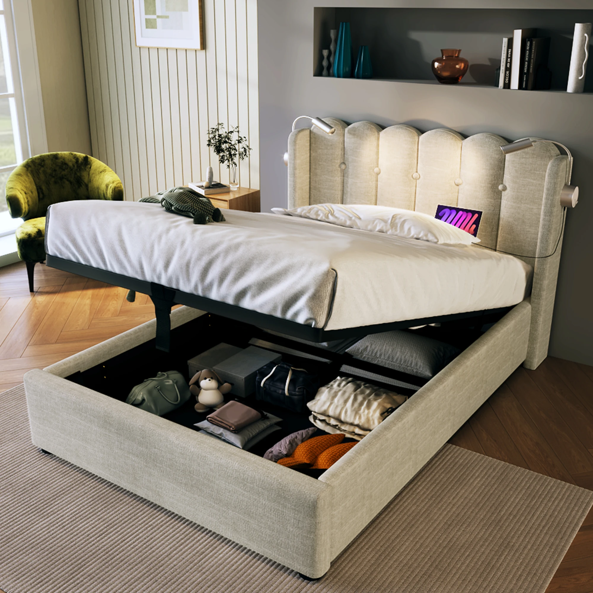 Lit simple 90x200 cm avec ports USB et lampe de lecture, lin beige, sans matelas