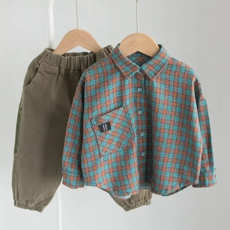 

Boys clothing set Spring and Autumn 2023 new Korean children's checked shirt and pants set 2 pieces