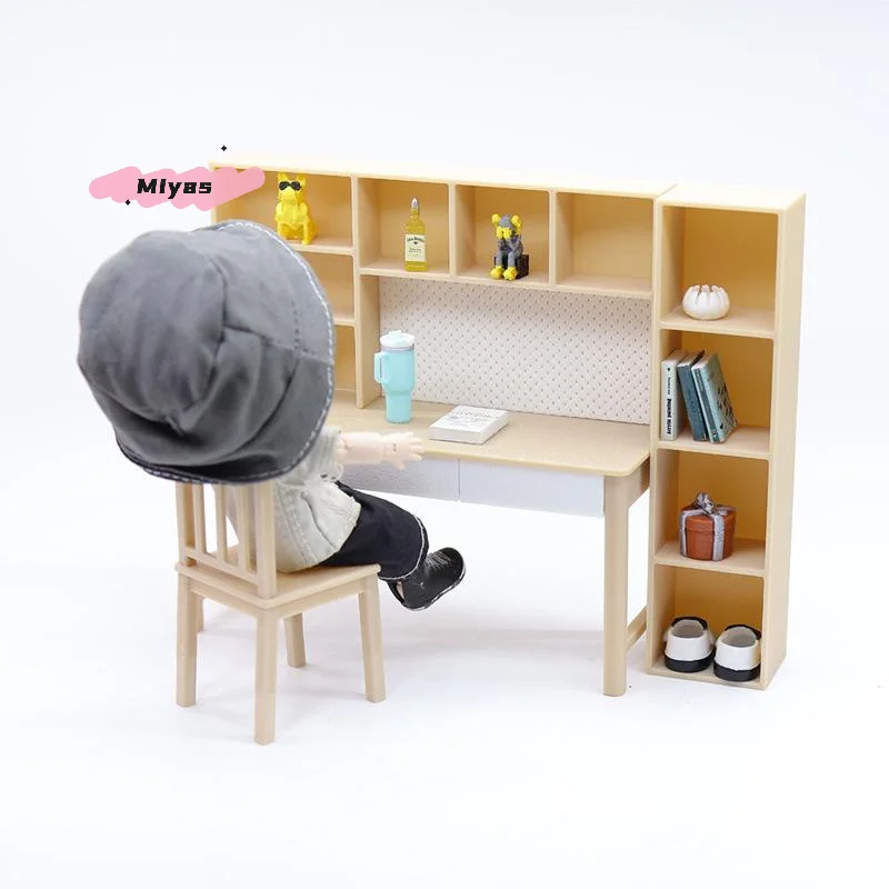 

1/12 Scale Miniature Dollhouse Furniture Kit - Combination Desk Bookshelf Set for Home Study Room Decor