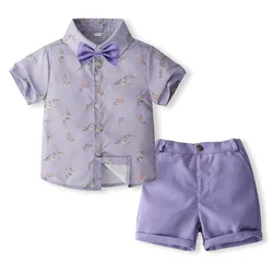 Summer Toddler Boy Clothing Korean Kids Clothes Fashion Gentleman Tie Flower Short Sleeve Baby Tops+Shorts Children's Sets BC150