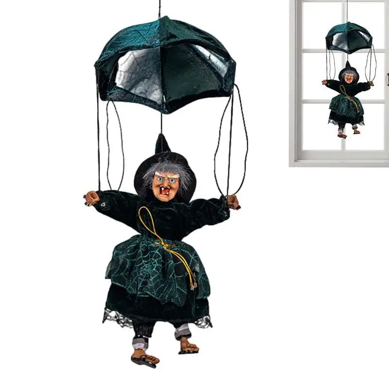 

Witch Decorations For Home Light-Up Eyes Screaming Parachute Witch Pendant Kicking Leg Decorations With Black Cape Dangling