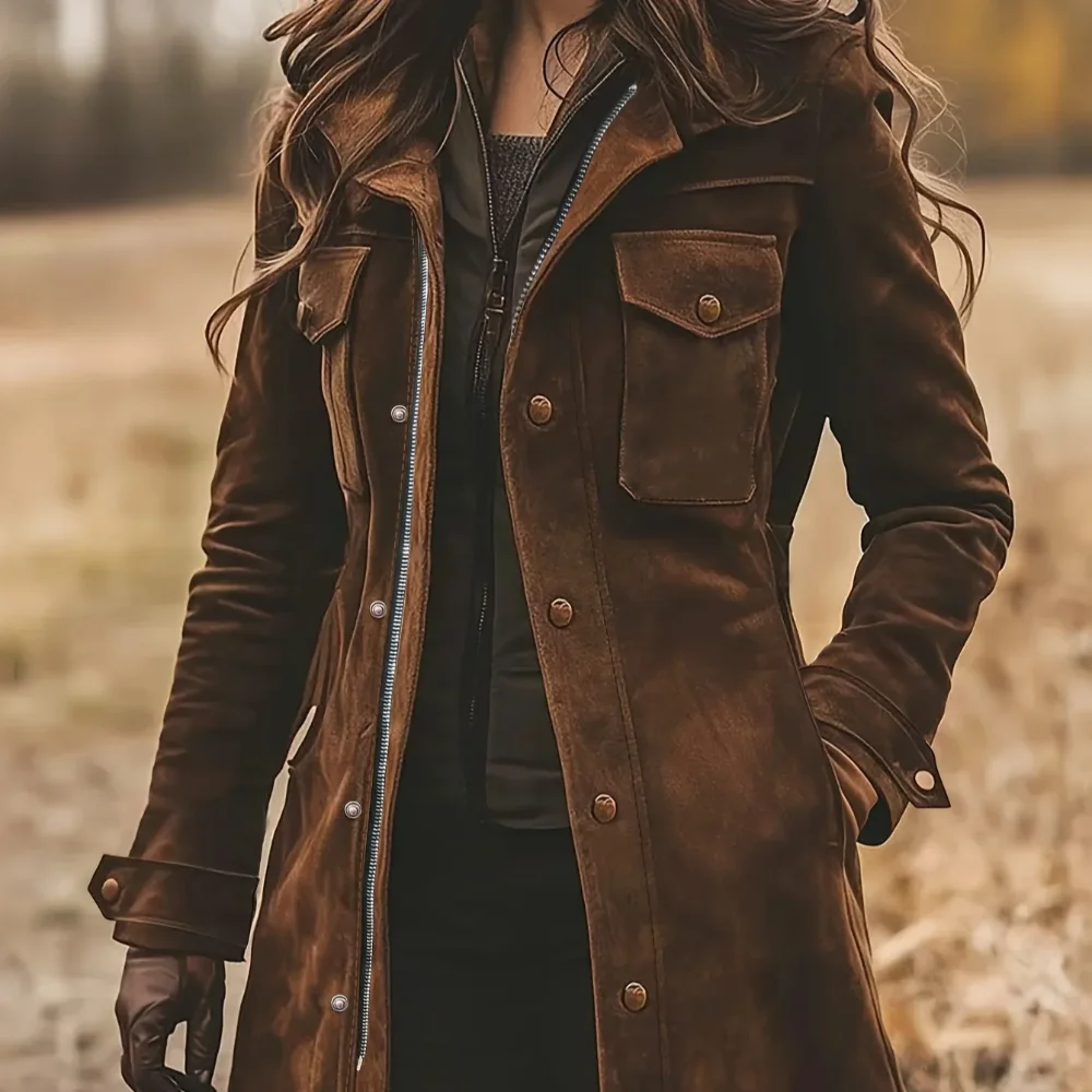 

Retro Women's Long Jacket Brown Deer Suede Casual Coat Warm Stylish Mid-Length Outerwear Comfortable Street Style Gothic Trend