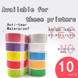 Cinta adhesiva de colores para etiquetas térmicas, papel Lable para P15, L11, P12, D30, 15x30, 10PK