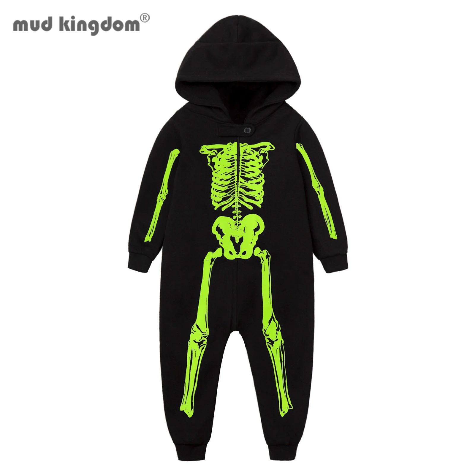 

Mudkingdom Big Girls Boys Jumpsuit Baby Halloween Skull Romper with Hood Glow in the Dark Light Fleece Lined Clothes for Kids