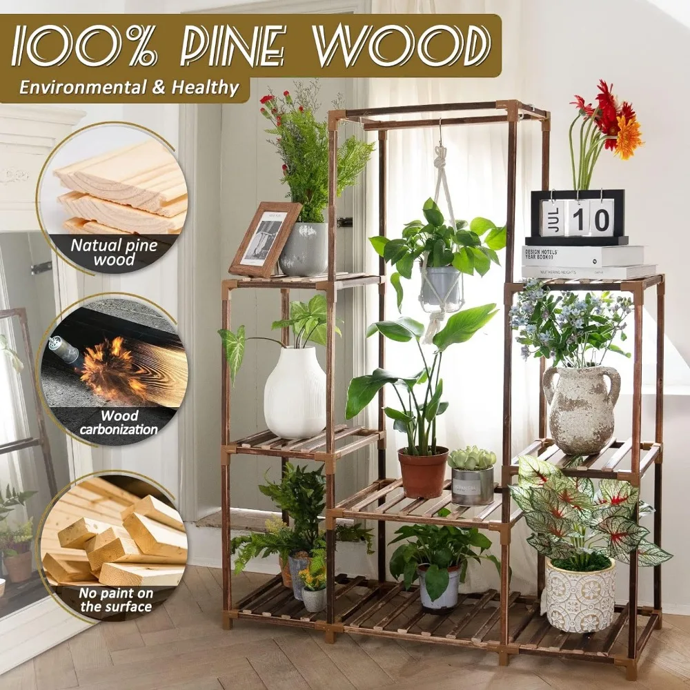 Uneedem Plant Stand Indoor Outdoor Tall Shelf for Multiple Plants 8 Tiers 12 Pot Large Rack Pine Wood Corner Plant/Flower Holder