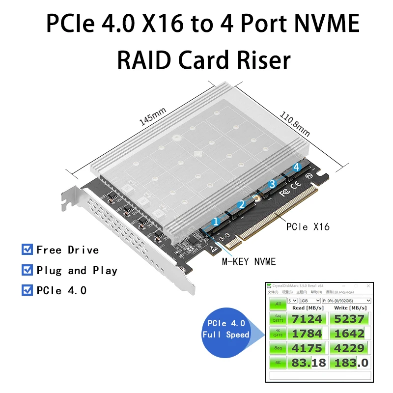 PCIe 4.0 x16 to 4Port M.2 NVMe Adapter Expansion Card Riser 250G for 2230 2242 2260 2280 NGFF NVME SSD Bifurcation Raid Function