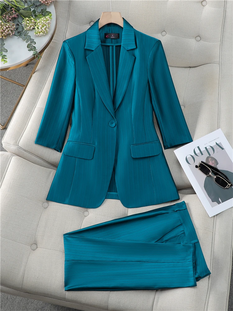 Pants Sets for Women Chic and Elegant Half Sleeve Blazer 2 Pieces Sets Outfits Trousers Suits  Blue Khaki Spring Summer New 2024