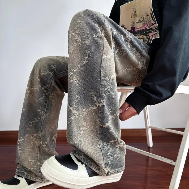 

【Mirrordust】American quality zipper straight-leg printed jeans mid-high waist trousers wide-leg pants