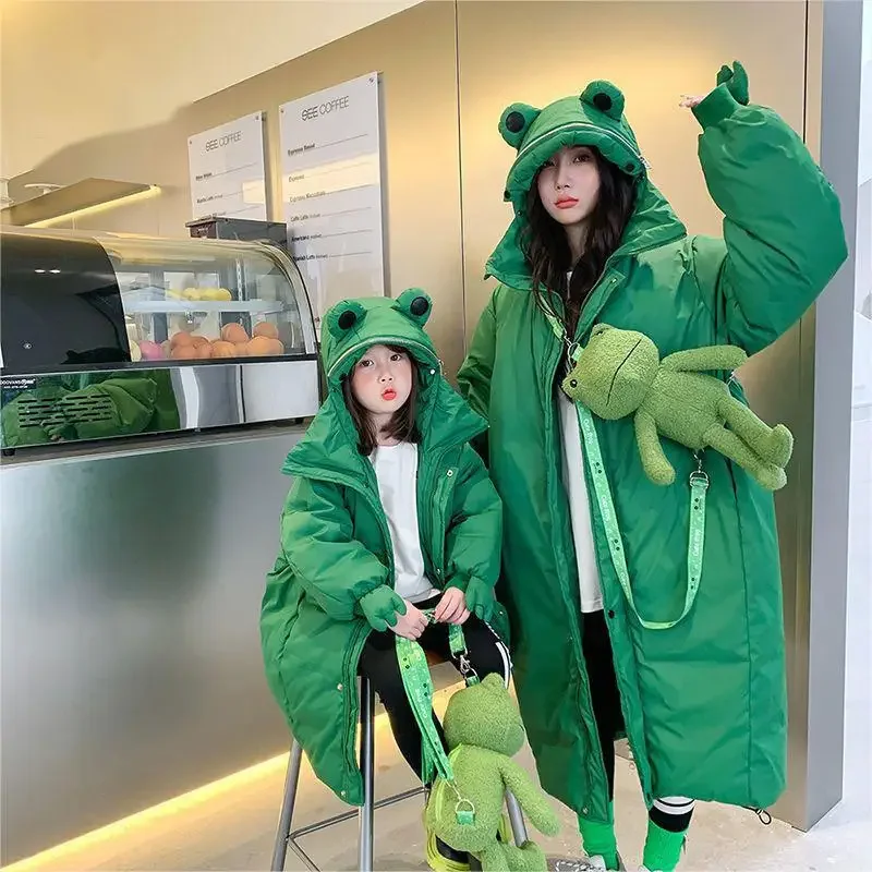 Mother Daughter Matching Clothes Winter New Frog Design Chic Parka Warm SnowCoat for Mom Son Girls Warm Long Puff Jackets 2-16Y