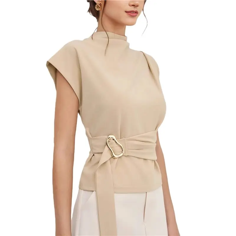 

ABRT-Women Buckle Tie Top Stand Collar Belted Short Sleeve Elegant Summer Casual Blouse