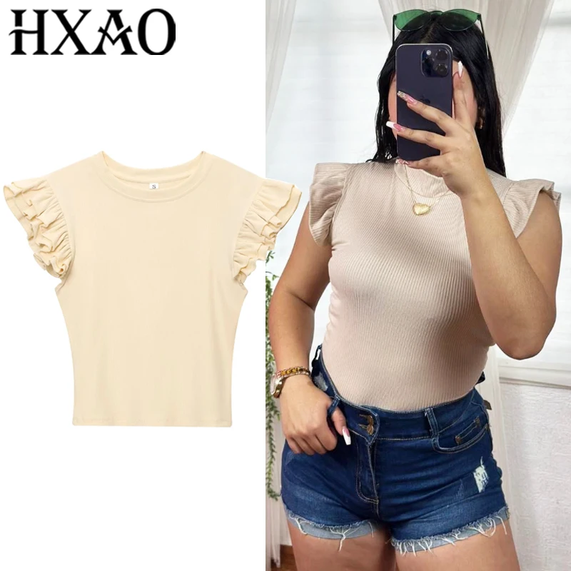 

HXAO Knitted Tops For Woman 2025 Ruffles Sleeve T-Shirts Summer Blouse Tight New Bolero Shirts Tops Women's Elegant Blouse