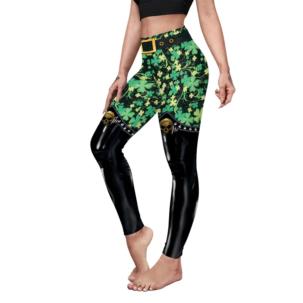 FCCEXIO Leggings da allenamento per donna foglia verde e teschio Leggins con stampa 3D Slim Fitness Push Up Stretch Party Leggins Mujer Sports