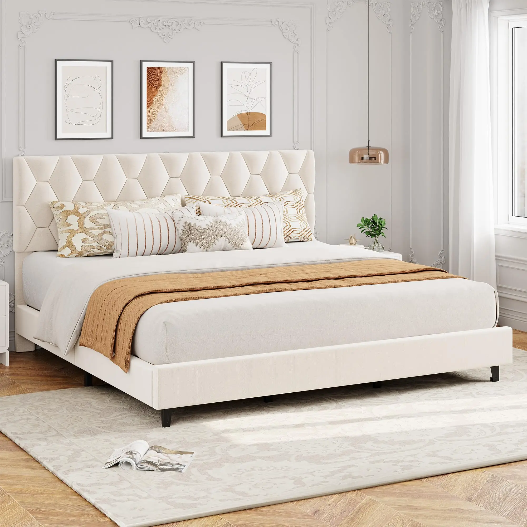 GAOMON Noise-Free Upholstered Platform Bed Frame with Adjustable Headboard - Heavy-Duty Metal Base & Wood Slats - No Box Spring Needed - Easy Assembly - Beige (Queen/King) / Pink (Twin)