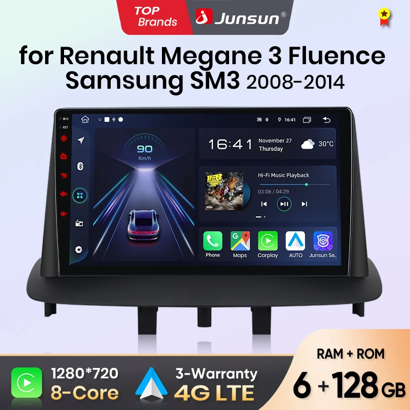 Junsun Android sans fil CarPlay Auto autoradio pour Renault Megane 3 Fluence Samsung SM3 2008-2014 systèmes intelligents DSP SWC