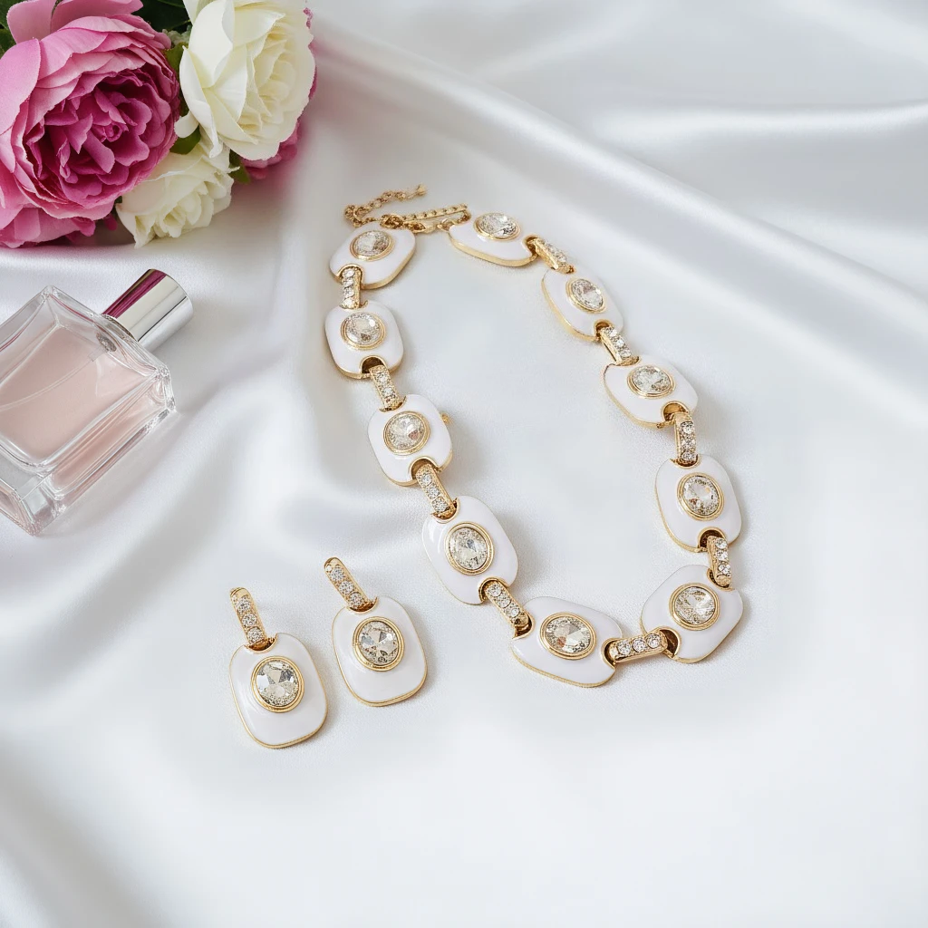 

3pcs Elegant Vintage Jewelry Set for Women Diamond Encrusted Ellipse Necklace Shiny Crystal Choker Bridal Wedding Earrings Party