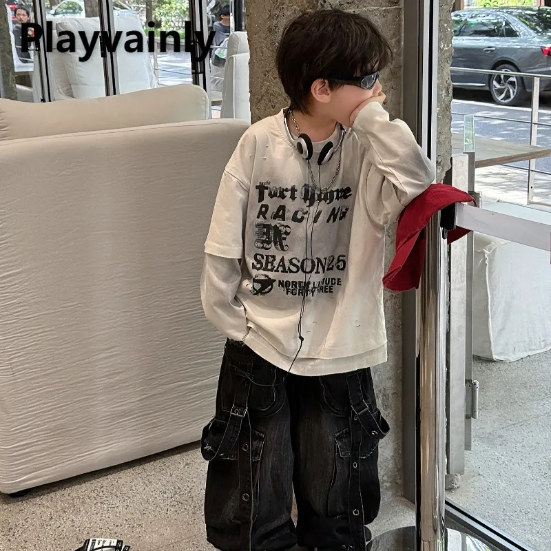 

Новинка 2023 года, топы из двух предметов для мальчиков, весенне-осенняя детская лоскутная футболка с длинными рукавами и буквенным принтом и круглым вырезом, детская одежда A5070