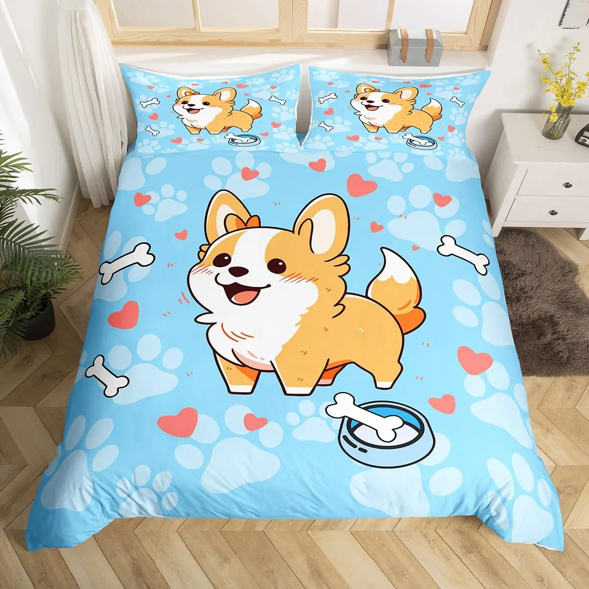 

Cute Corgi Duvet Cover Queen Size,Smiling Dog Bedding Set 3pcs for Kids Teens Boys Room Decor, Cartoon Puppy Paw Comforter Cover