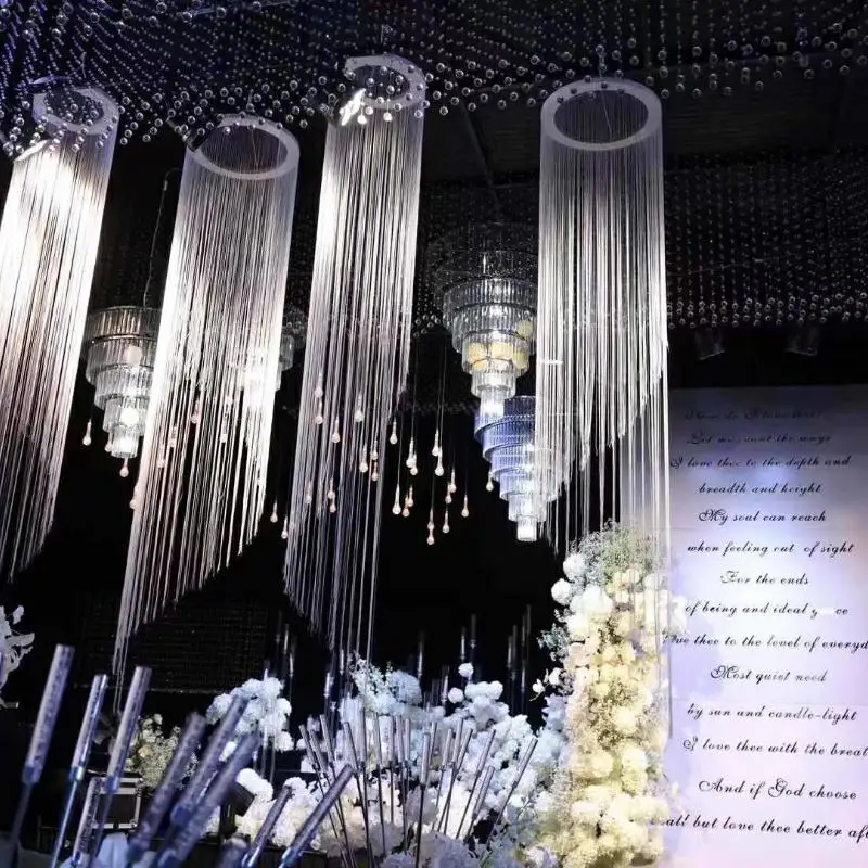 3PCS ホワイト暗号化ラインカーテン、結婚式場の背景、ステージ背景装飾、天井装飾、糸小道具、