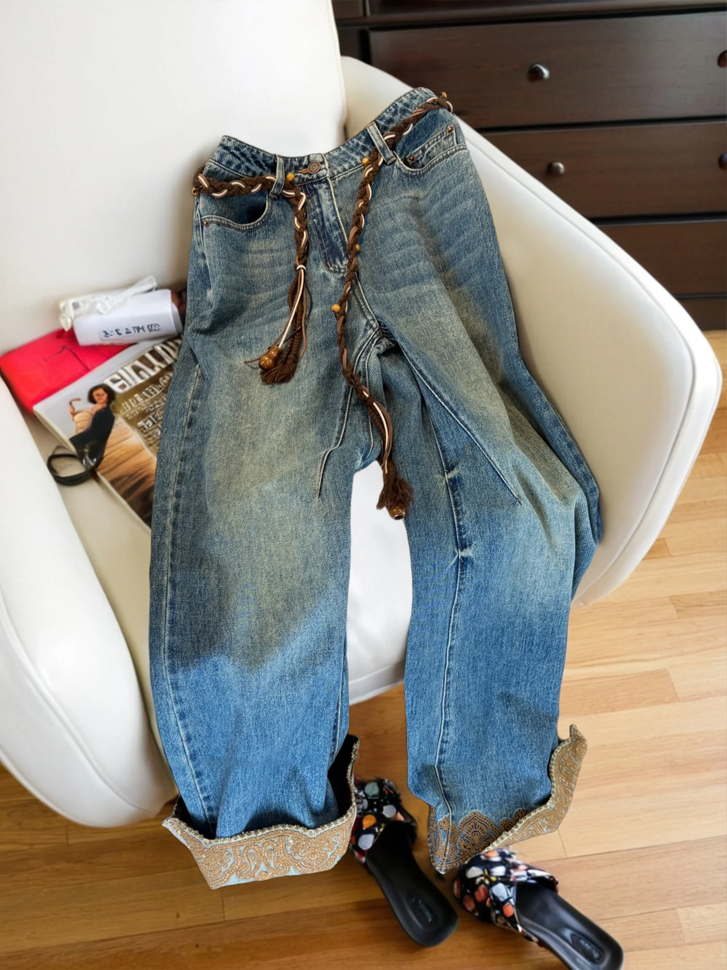 

Ретро джинсы унисекс с высокой талией и широкими штанинами, весенне-осенние, с цветочным кружевом, на шнурке, прямого кроя, длинные брюки в повседневном стиле