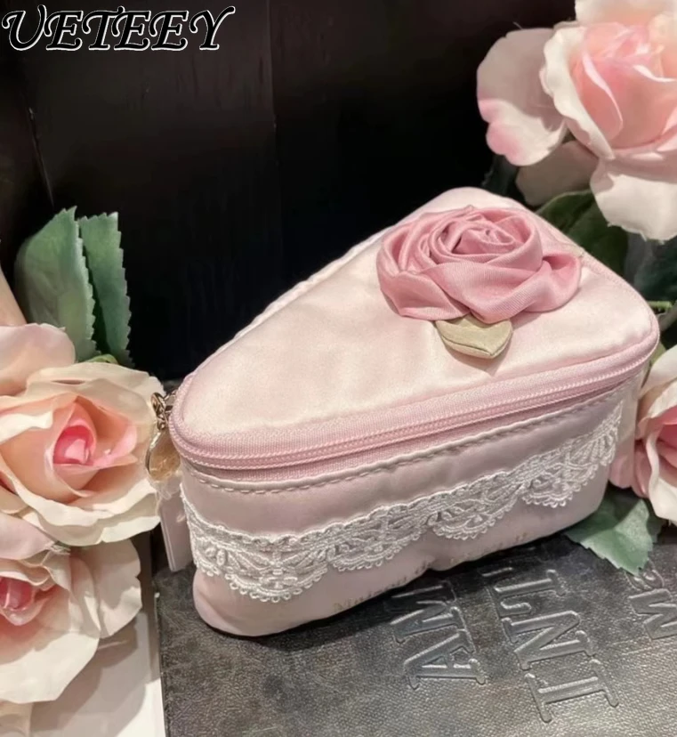 Japanese Style New Cute Three-Dimensional Rose Hand-Held Makeup Storage Bag Sweet Girl All-Matching Cosmetic Case Bags for Women