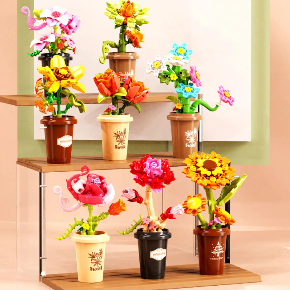 

MOC Romantic Garden Flower Succulent Plant Bonsai Building Block Set Lucky Potted Design Toys For Children Birthday Holiday Gift