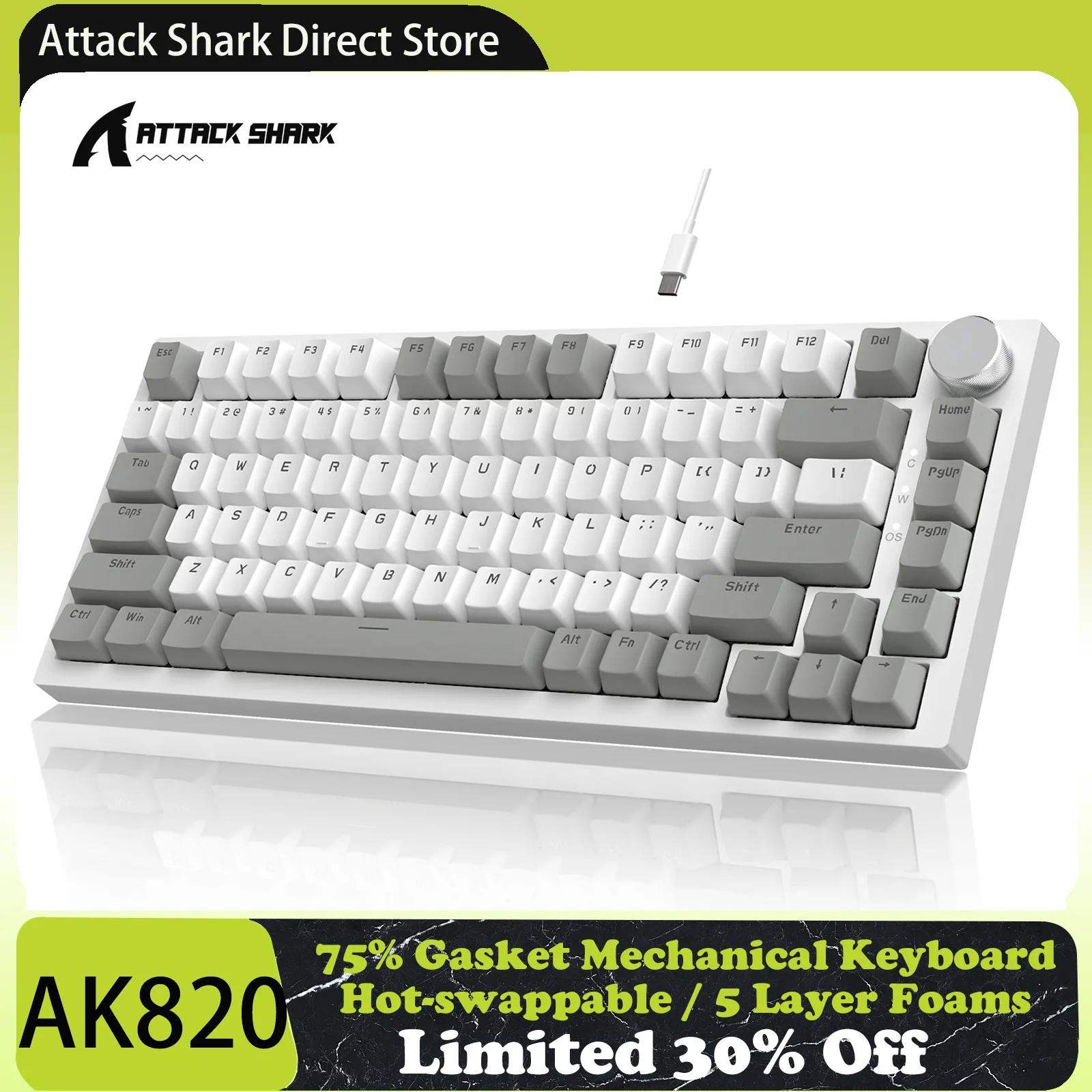 

Attack Shark x AJAZZ AK820 Gasket Mechanical Keyboard with Knob, 75% ANSI Layout, 5-Layer Foam, Hot-Swap, Linear Switch