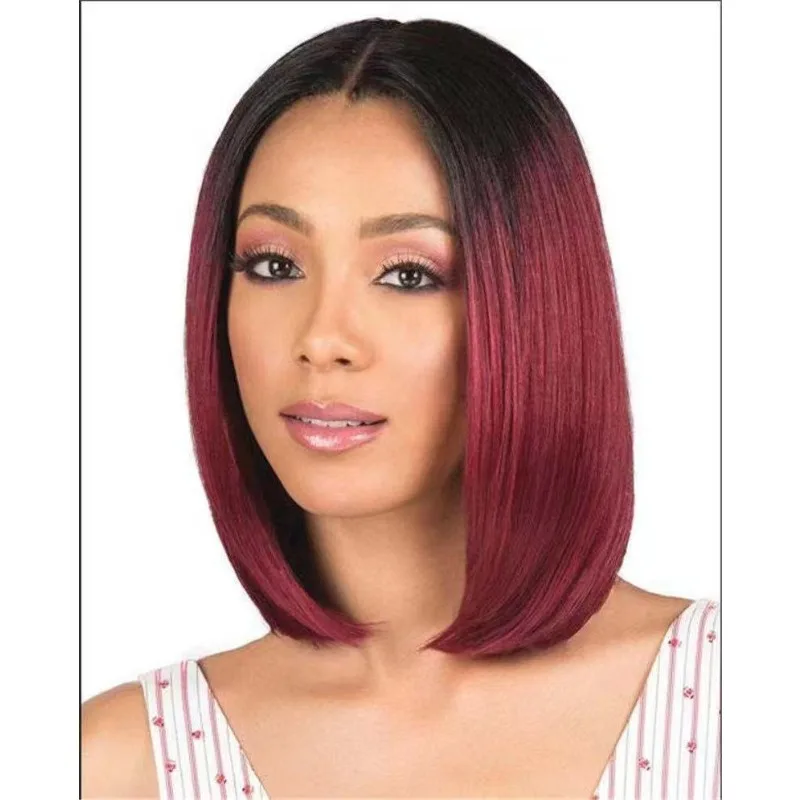 Synthetic Straight Hair Ombre Bob Wig Lace Front Black Root to Wine Red Wigs Middle Part Colored Bob Wig
