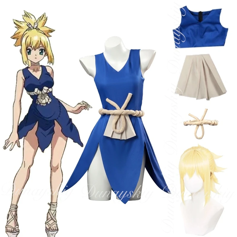 Dr. STONE Kohaku Cosplay Anime Competición Ganador Guerrero más fuerte Peluca amarilla Vestido azul Traje completo