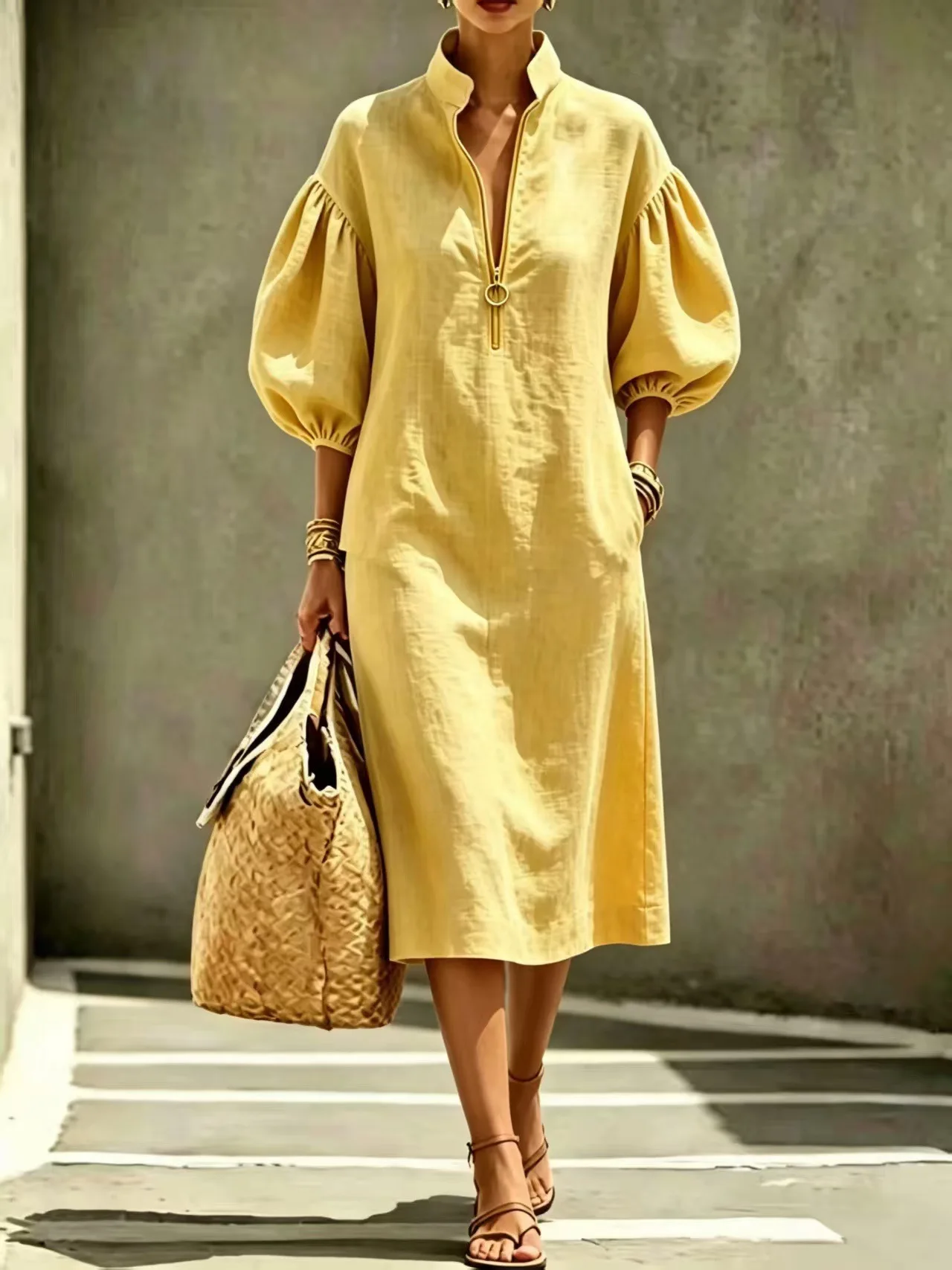 Women's Solid Color Dress Loose Fit Stand Collar Bubble Sleeve Half-Zip Dress Fashion Casual Pocket Long Dresses New In view 4