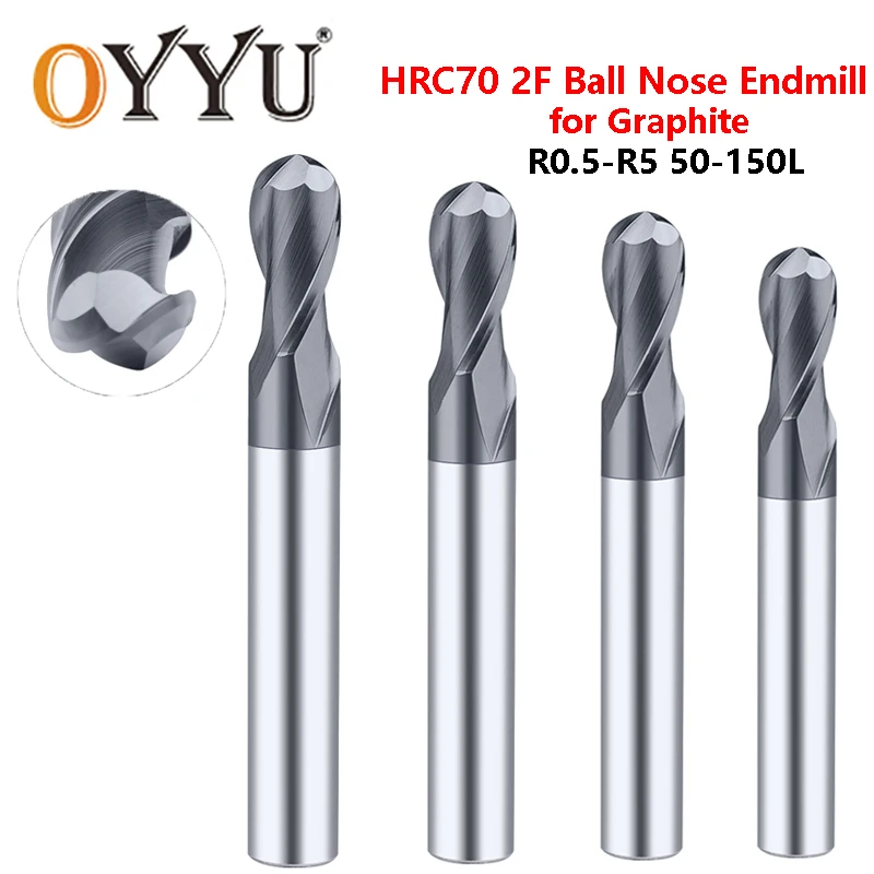 OYYU HRC70 2F Ball Nose End Mills for Graphite Coating R0.5 R0.75 R1 R1.25 R2 R3 Tungsten Steel Milling Cutter Diamond 50L-150L