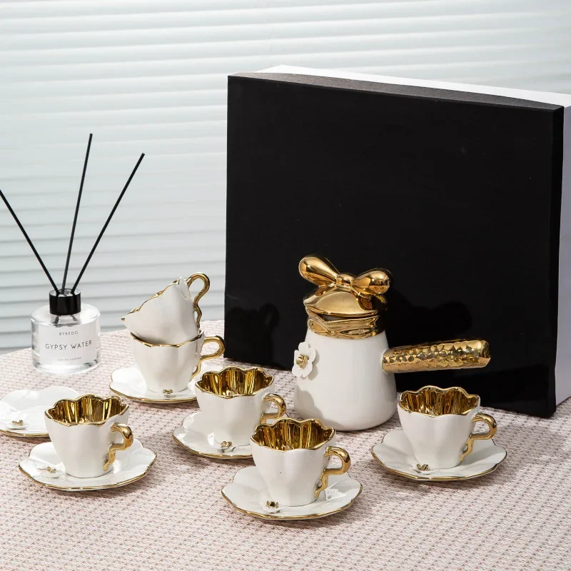 Ceramic Coffee Cup and Saucer Set, Hand-squeezed Flower Tea Cup and Pot Set, Middle Eastern Coffee Cup and Saucer Set.