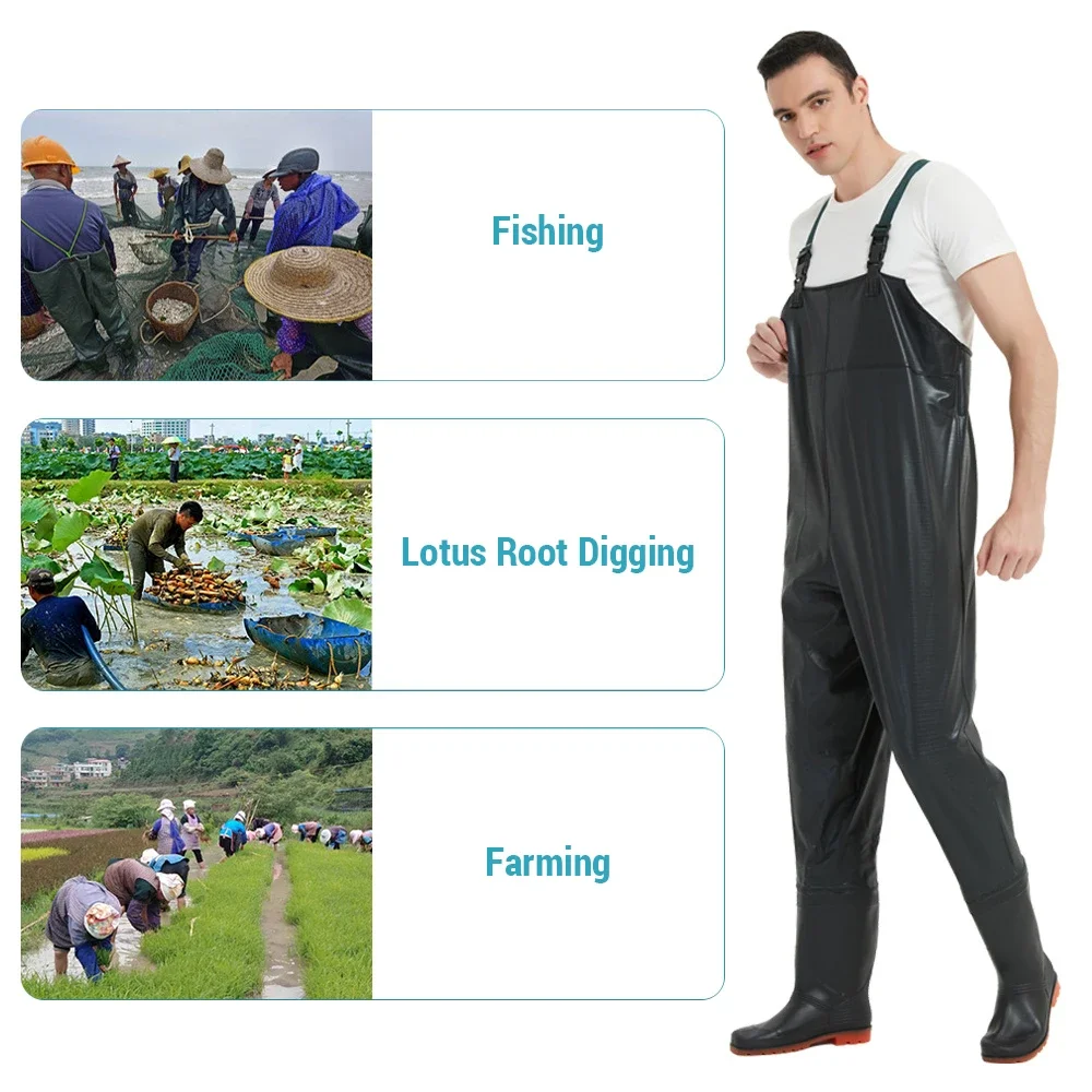 Fishing Romper PVC Anti-slip Fishing Waders Waterproof Hunting Chest Wader with Boot for Men and Women for Fishing