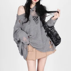 Female Sun Protection Shirt Lazy Wind Design Sense Oblique Shoulder Sweater Broken Hole Hollowing Loose  Solid Color Top