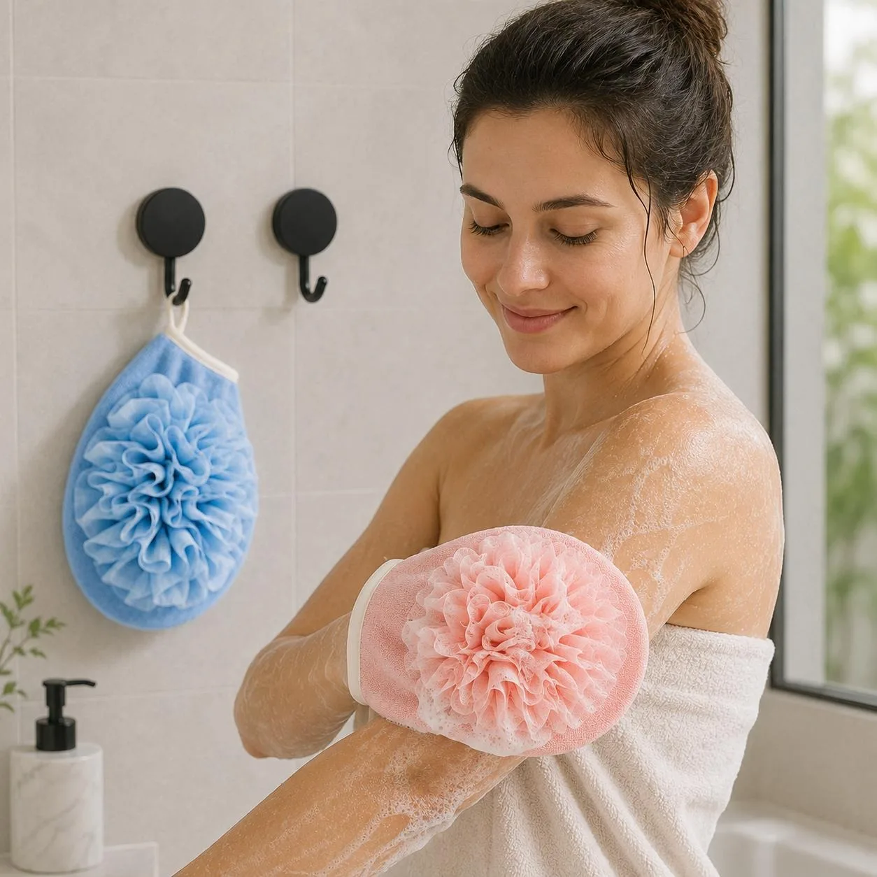2 Pairs of Bath Gloves + 2 Hook Sets in Blue for Men and Pink for Women, Double-Sided Scrubbing Foaming Bathroom Practical Set